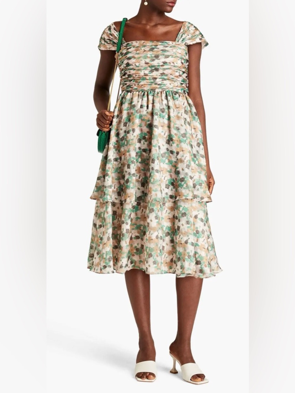 Mikael Aghal Beige And Green Floral Tiered Fil Coup Midi Dress Nwt Size 12